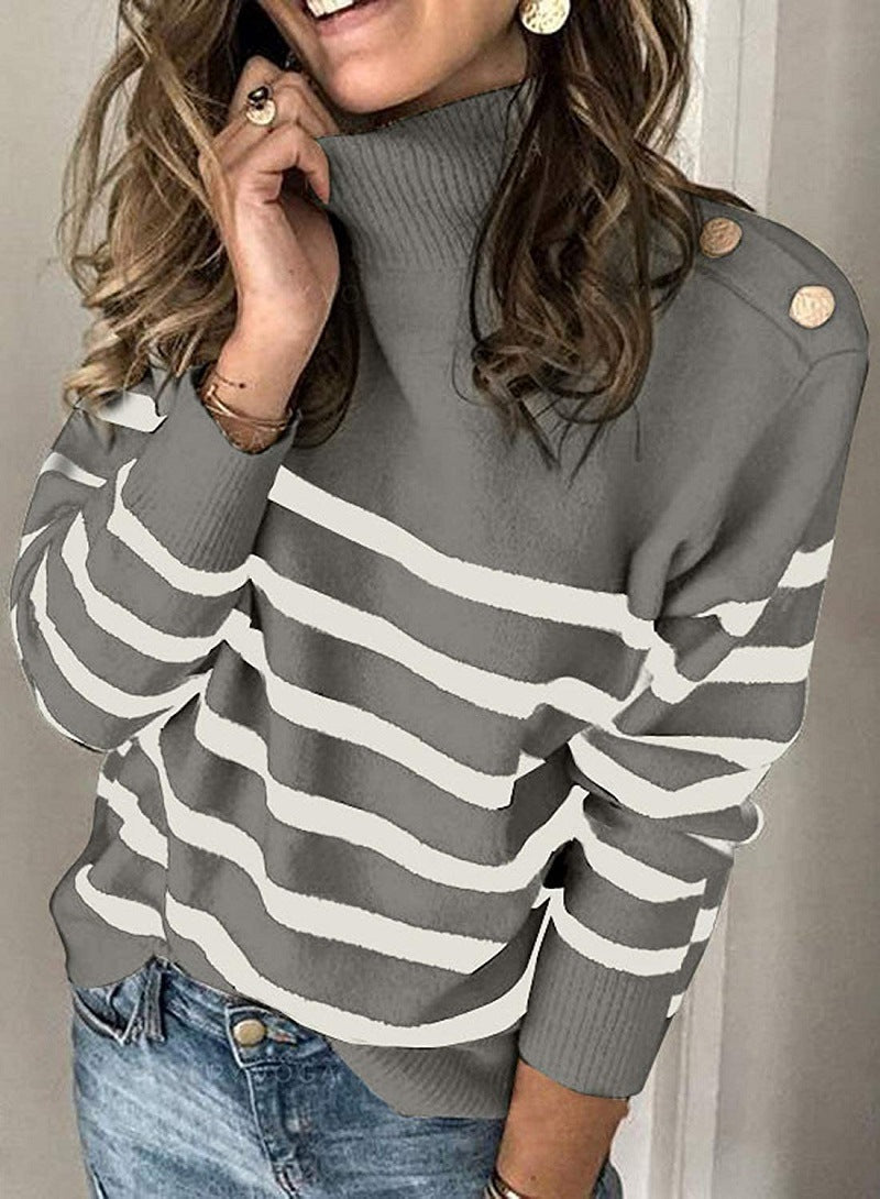 Street Wave Women Striped High Neck Sweater With Decorative Buttons Cozy Knit Everyday Wear