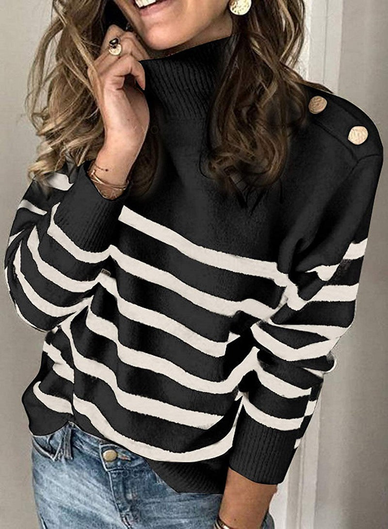 Street Wave Women Striped High Neck Sweater With Decorative Buttons Cozy Knit Everyday Wear