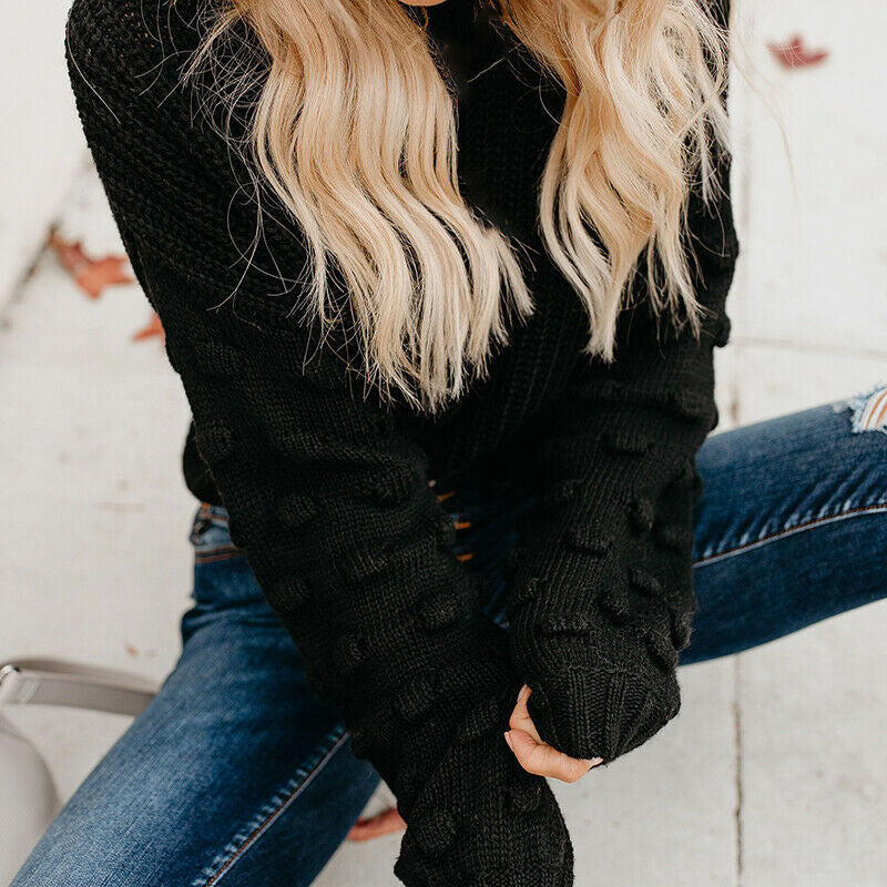 Womens Knit Sweater With Structured Texture And Puff Sleeves Street-wave Cozy Fashion Essential