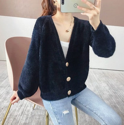 Street-Wave Fluffy Knit Cardigan For Women With Large Buttons And Puff Sleeves Cozy Comfort