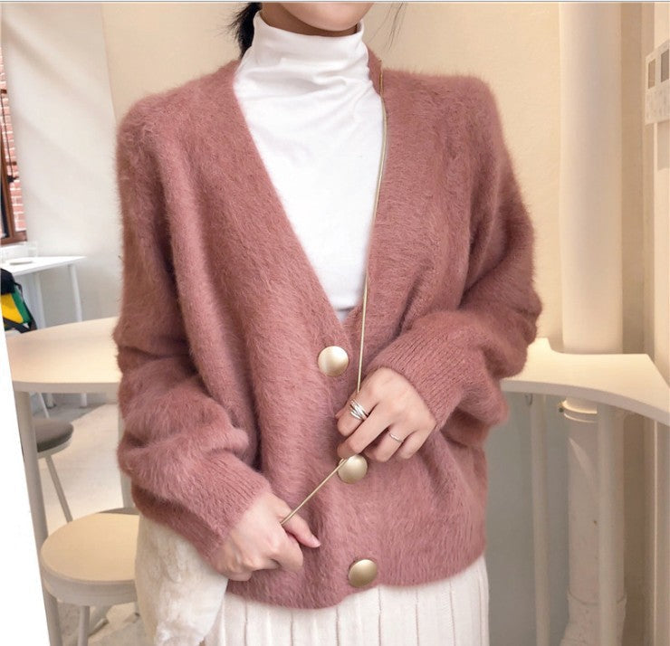 Street-Wave Fluffy Knit Cardigan For Women With Large Buttons And Puff Sleeves Cozy Comfort