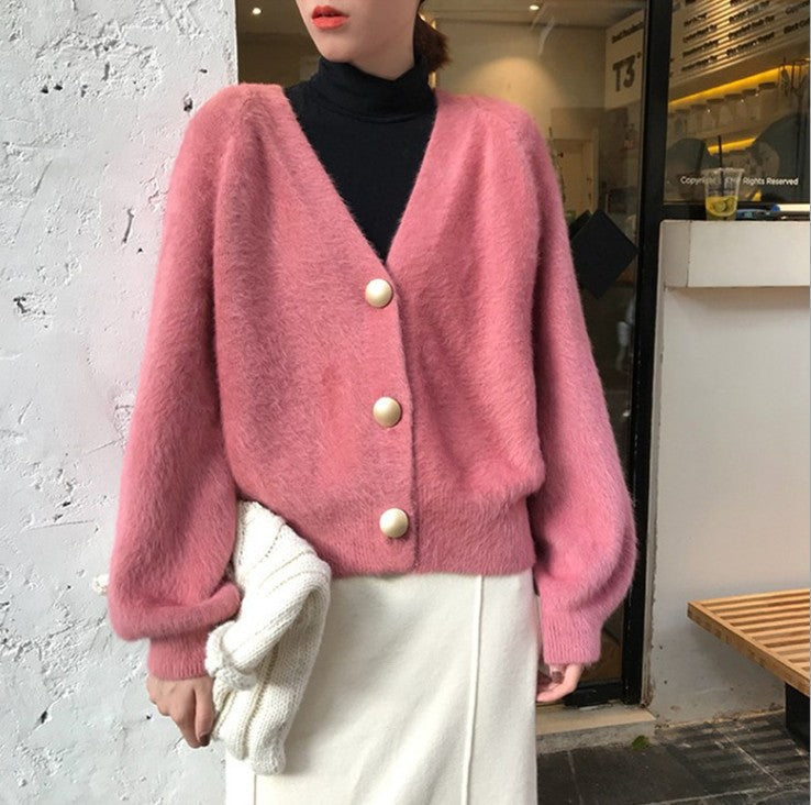 Street-Wave Fluffy Knit Cardigan For Women With Large Buttons And Puff Sleeves Cozy Comfort