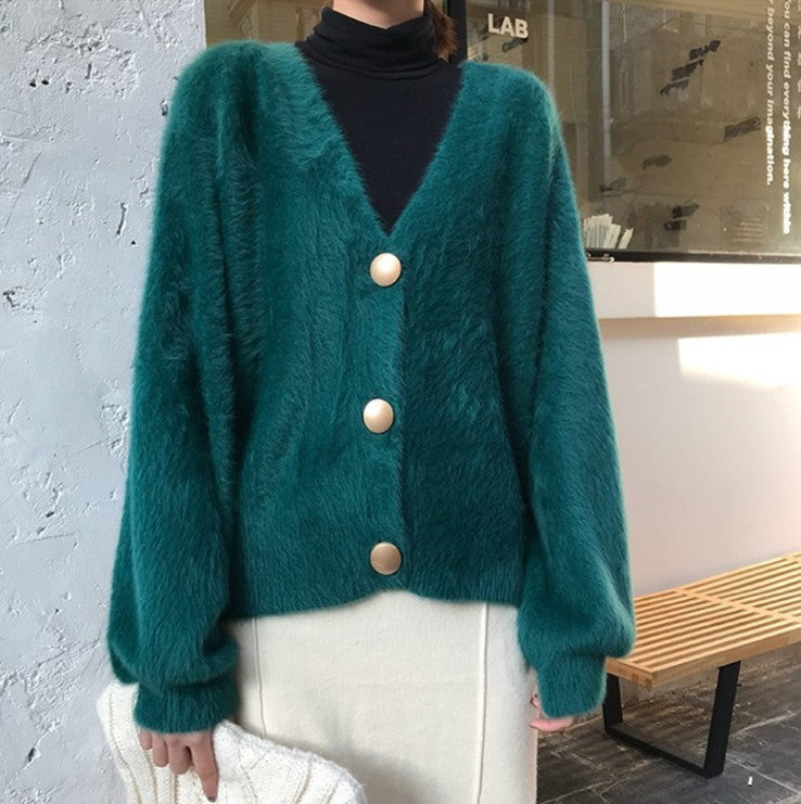 Street-Wave Fluffy Knit Cardigan For Women With Large Buttons And Puff Sleeves Cozy Comfort