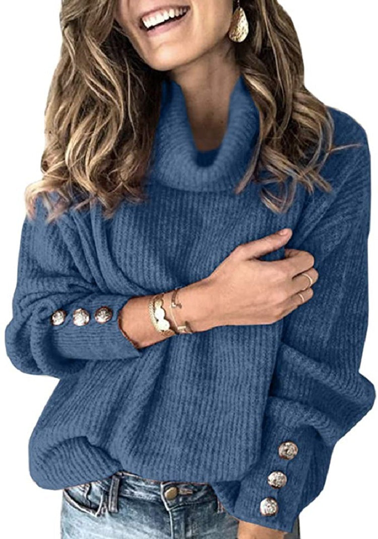 Street-Wave Women's Oversized Turtleneck Sweater With Decorative Buttons for Cozy Winter Style