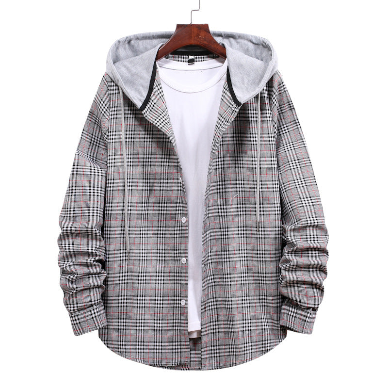 Street-wave Hooded Plaid Shirt For Men Urban Style