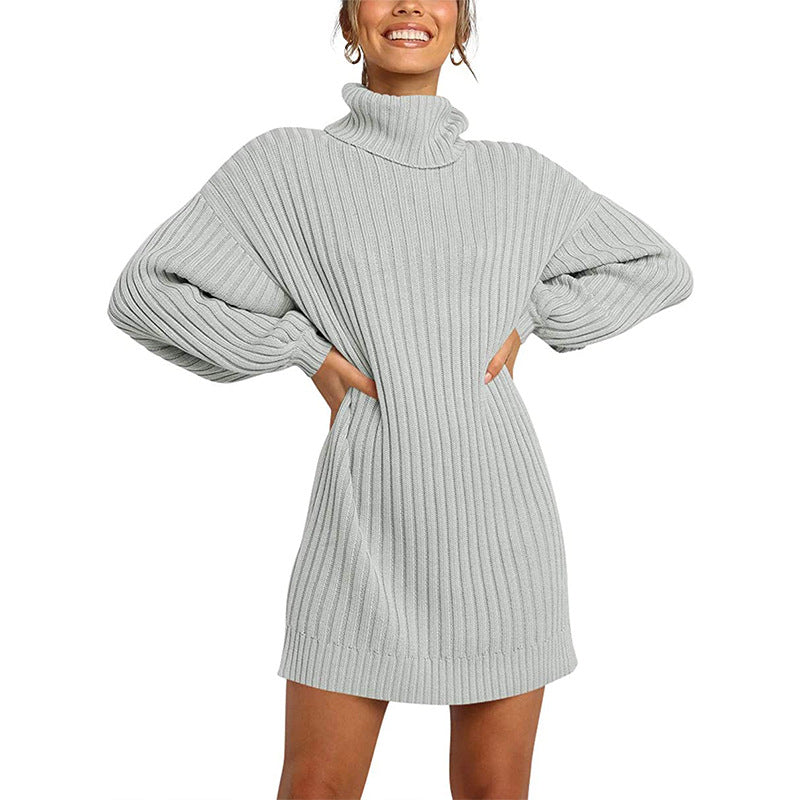 Street-Wave Women Knit Dress With High Neck And Wide Sleeves Cozy Wool Winter Wear