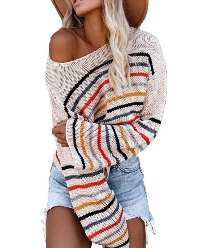 Womens Striped Knit Sweater Street-Wave Relaxed Fit Cozy Chic For Women Winter Essential