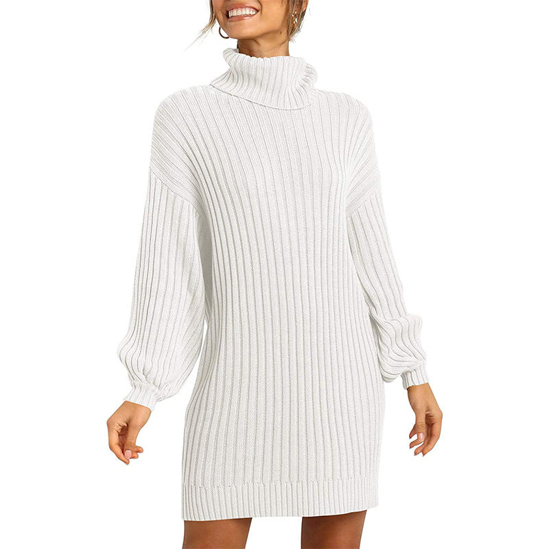 Street-Wave Women Knit Dress With High Neck And Wide Sleeves Cozy Wool Winter Wear