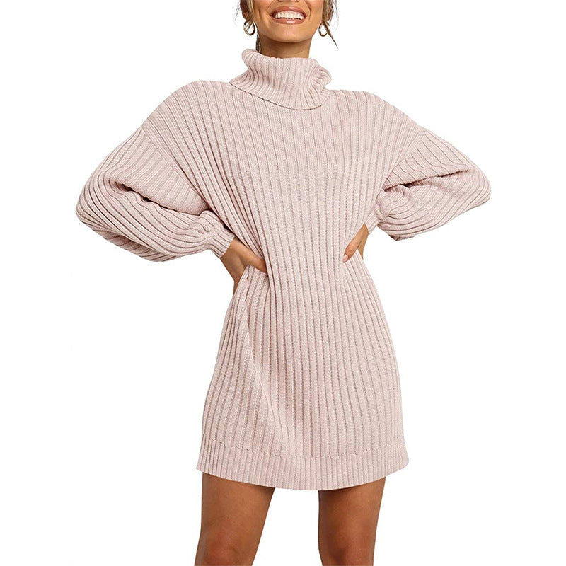 Street-Wave Women Knit Dress With High Neck And Wide Sleeves Cozy Wool Winter Wear