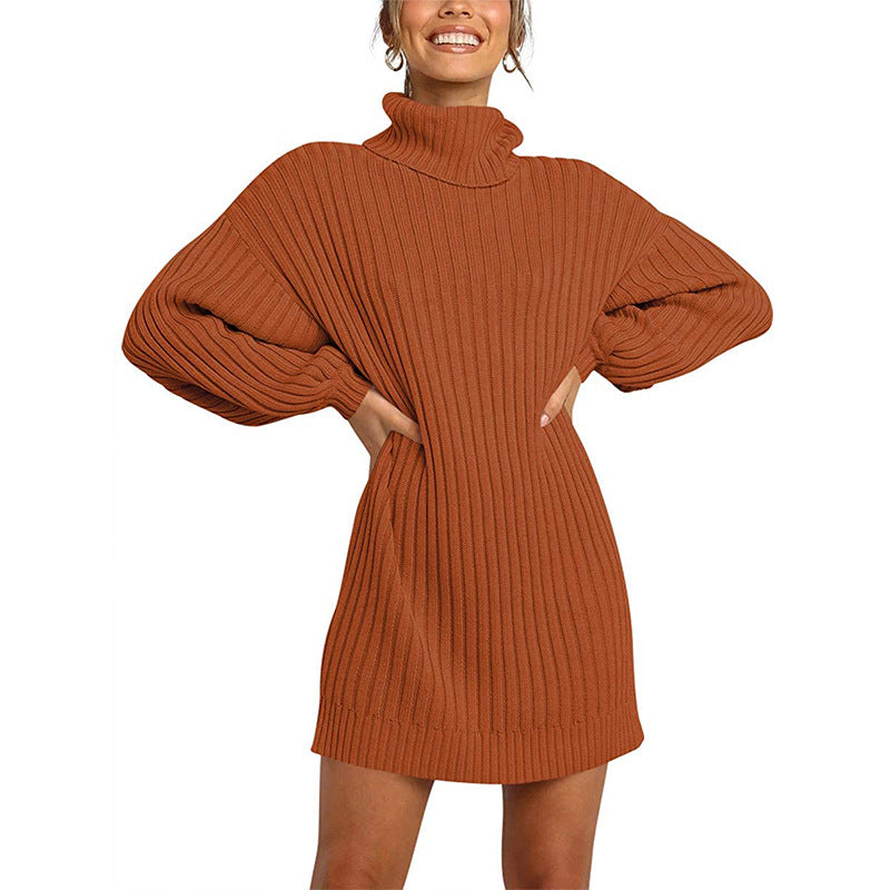 Street-Wave Women Knit Dress With High Neck And Wide Sleeves Cozy Wool Winter Wear