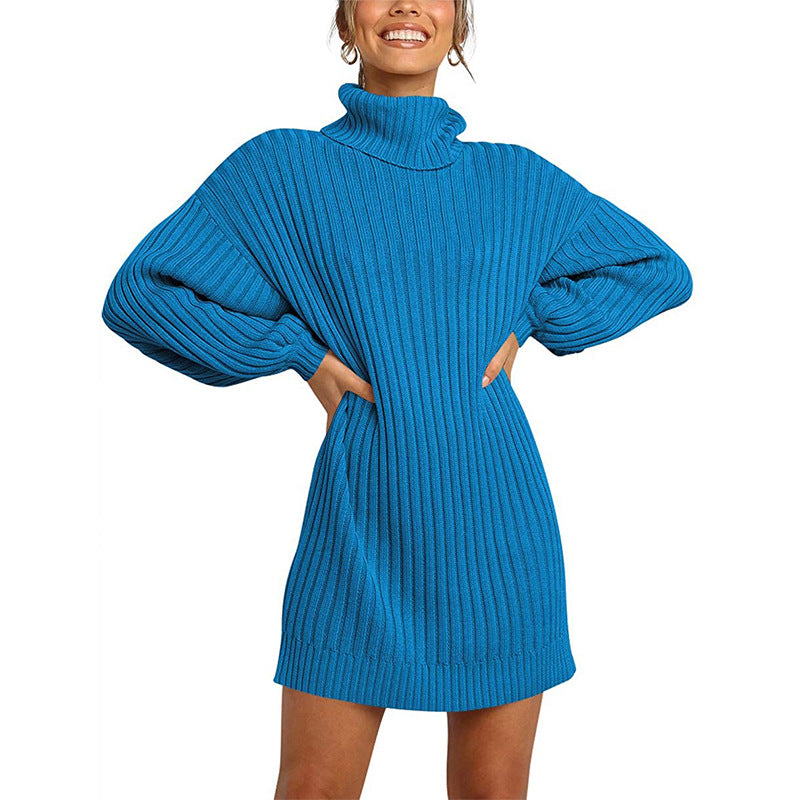 Street-Wave Women Knit Dress With High Neck And Wide Sleeves Cozy Wool Winter Wear