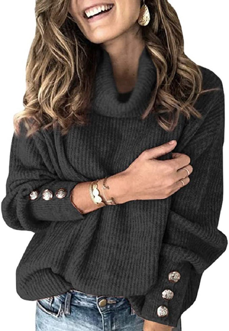 Street-Wave Women's Oversized Turtleneck Sweater With Decorative Buttons for Cozy Winter Style