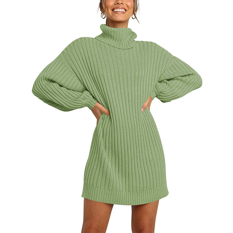 Street-Wave Women Knit Dress With High Neck And Wide Sleeves Cozy Wool Winter Wear