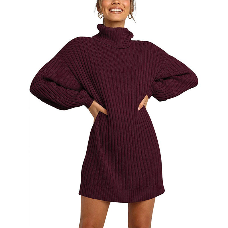 Street-Wave Women Knit Dress With High Neck And Wide Sleeves Cozy Wool Winter Wear