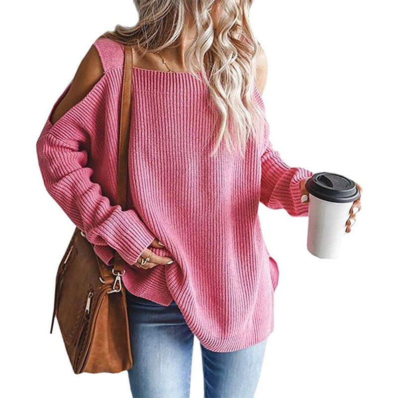 Street-Wave Off-Shoulder Knit Pullover For Women Cozy Loose Fit With Modern Shoulder Cutouts