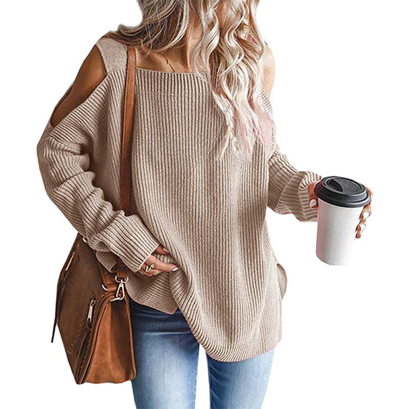 Street-Wave Off-Shoulder Knit Pullover For Women Cozy Loose Fit With Modern Shoulder Cutouts