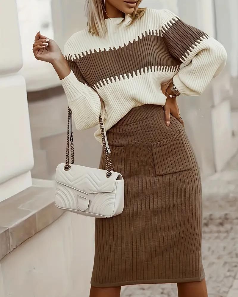 Streetwave Ribbed Knit Set For Women Cozy Elegant Cardigan And Skirt Winter Trend Wardrobe Essential