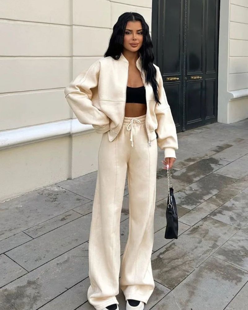 Street-Wave Cozy Zip Two-Piece Set For Women Warm Cozy Loungewear Jacket And Pants