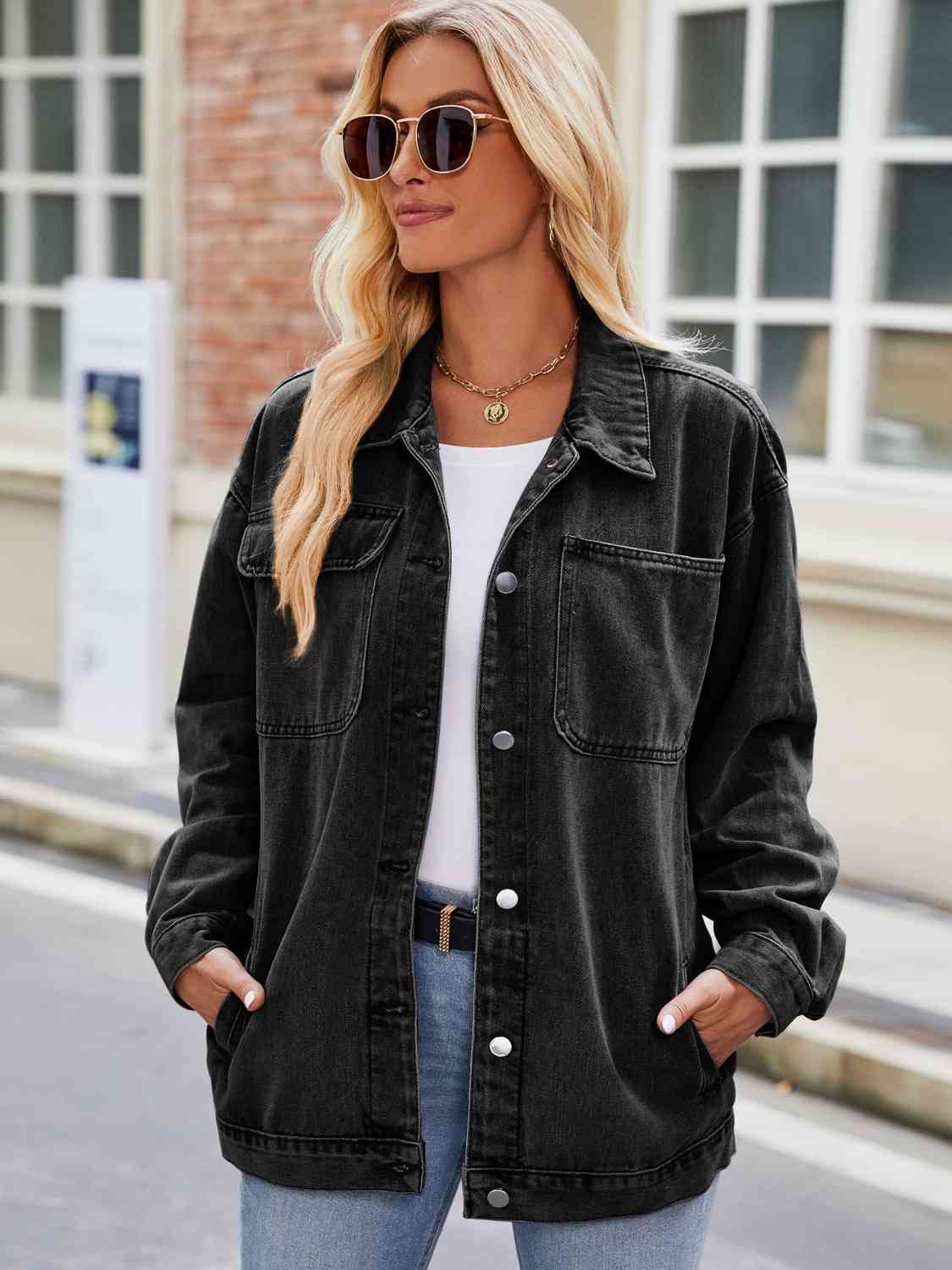 Street-Wave Button Down Denim Jacket With Pockets For Women Classic Non Stretch Wardrobe Essential