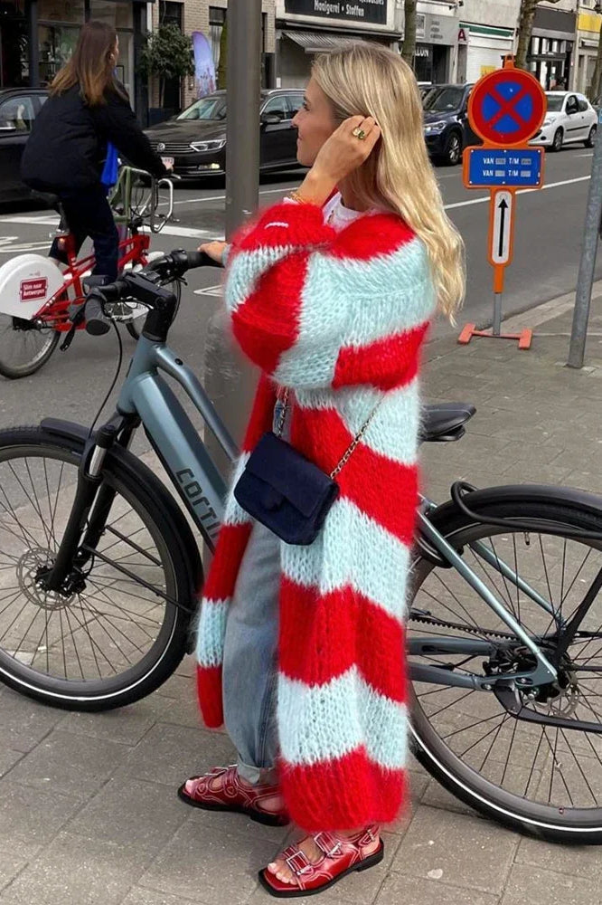 Street-wave Oversized Striped Knit Cardigan For Women - Cozy Soft Comfort, Open Knit, Casual Chic