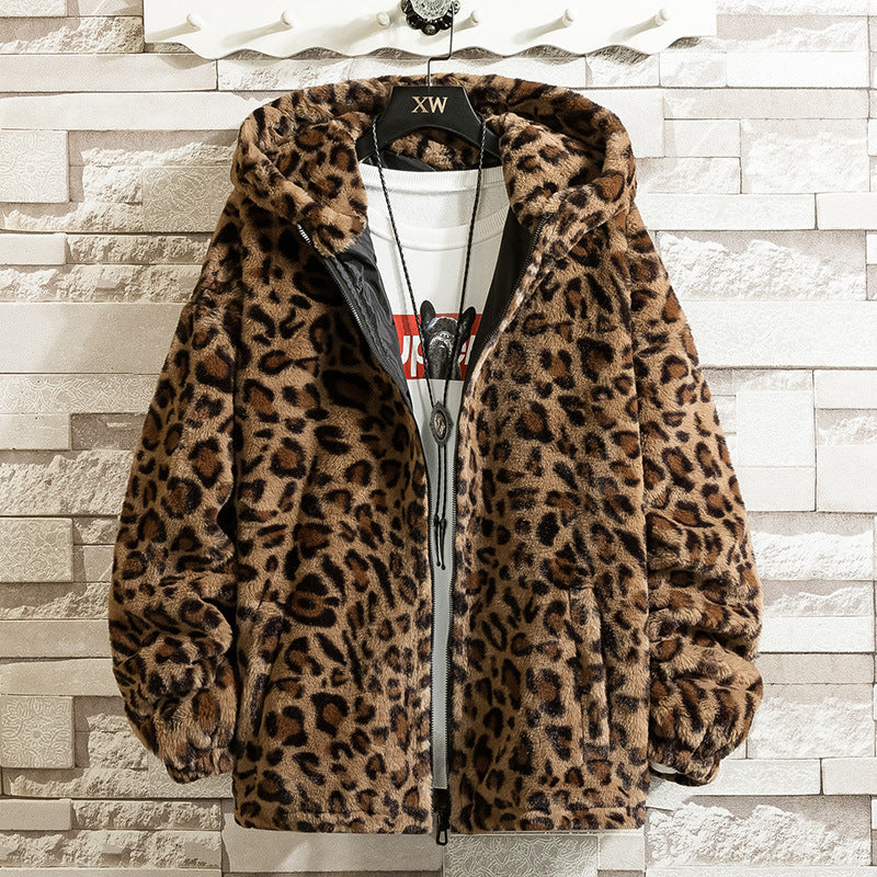 Street Wave Leopard Print Fleece Jacket for Women with Hood Cozy Warmth and Style