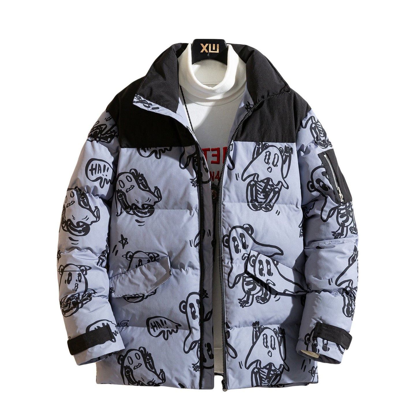 Street-wave Printed Puffer Jacket With Artistic Graphic Print For Streetwear Fans, Cozy Warmth