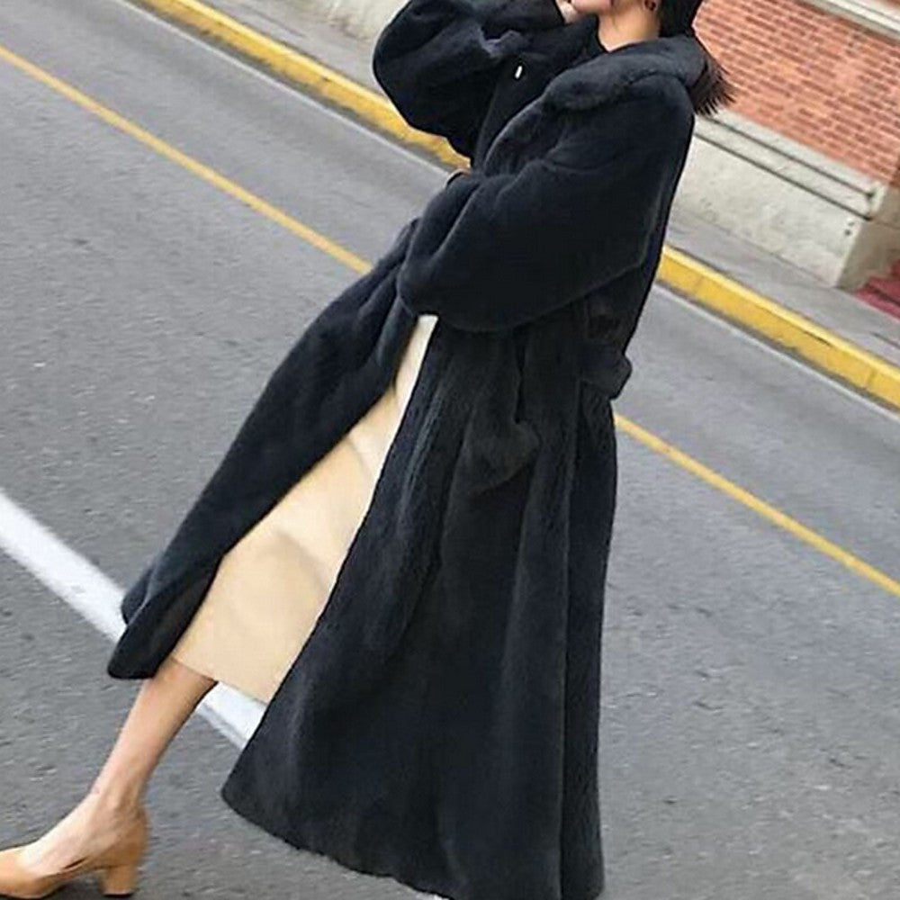 Street Wave Fluffy Long Coat With Wide Belt For Women Cozy Winter Elegance And Street Style