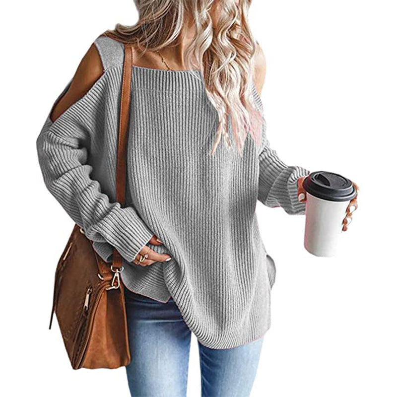Street-Wave Off-Shoulder Knit Pullover For Women Cozy Loose Fit With Modern Shoulder Cutouts