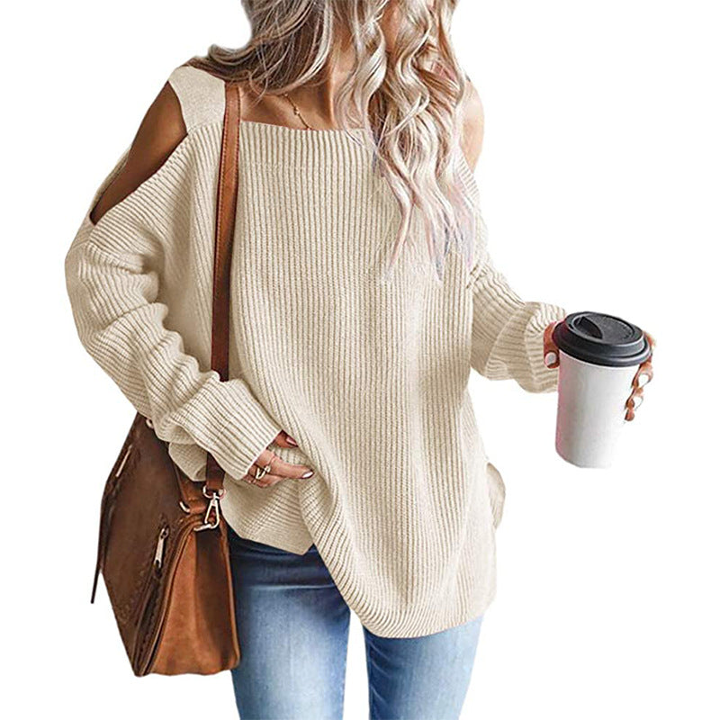 Street-Wave Off-Shoulder Knit Pullover For Women Cozy Loose Fit With Modern Shoulder Cutouts