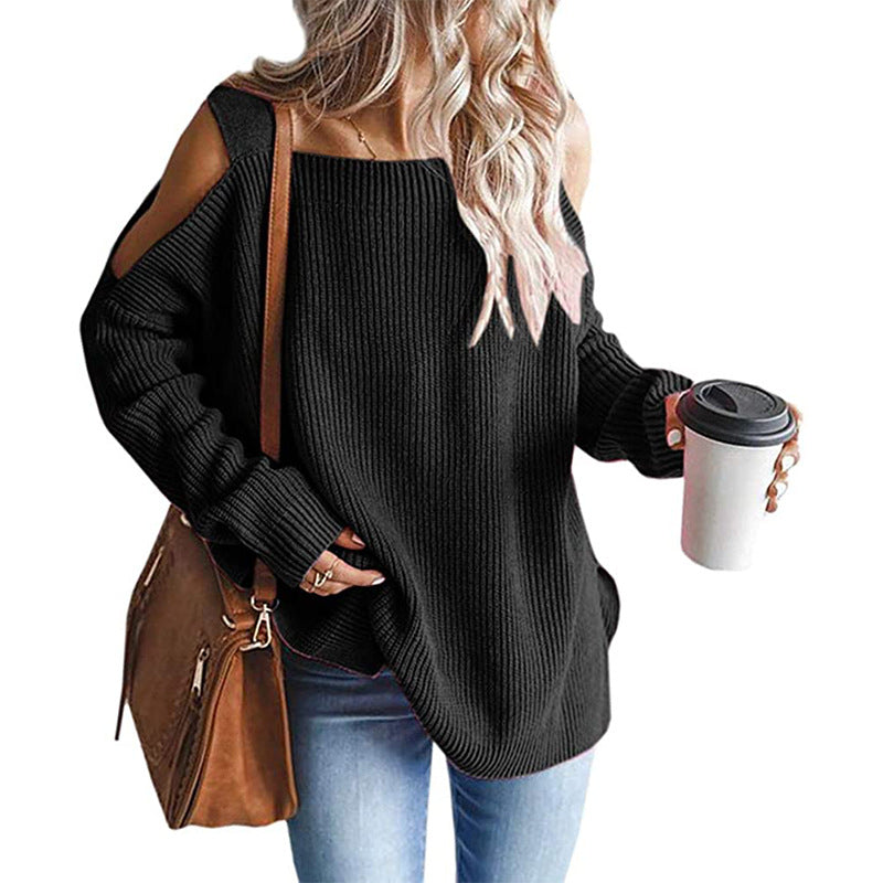 Street-Wave Off-Shoulder Knit Pullover For Women Cozy Loose Fit With Modern Shoulder Cutouts