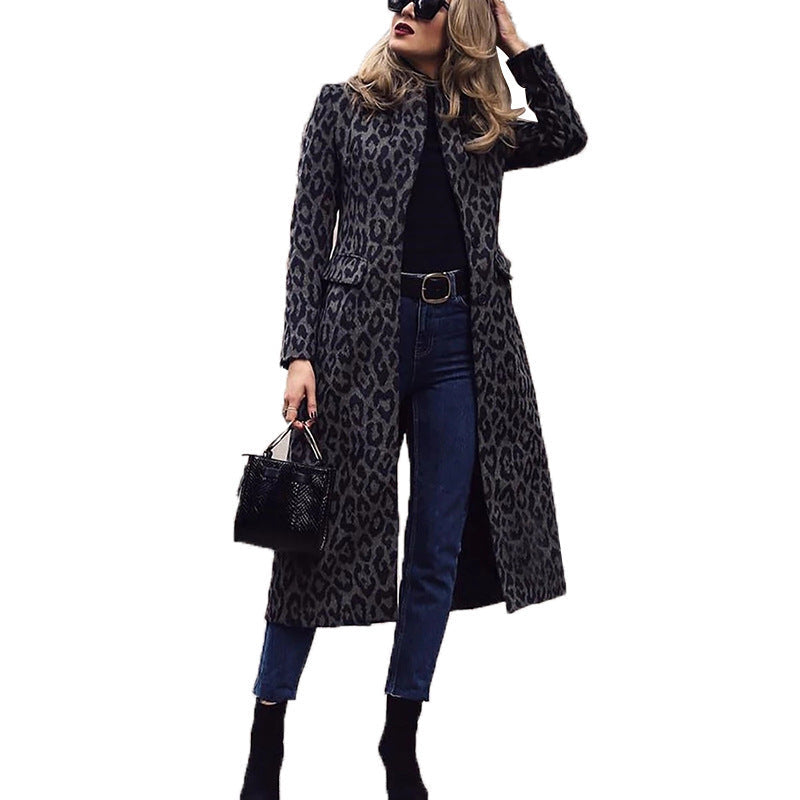 Street-wave Leopard Print Coat for Women Elegant Longline Outerwear With Warmth And Style