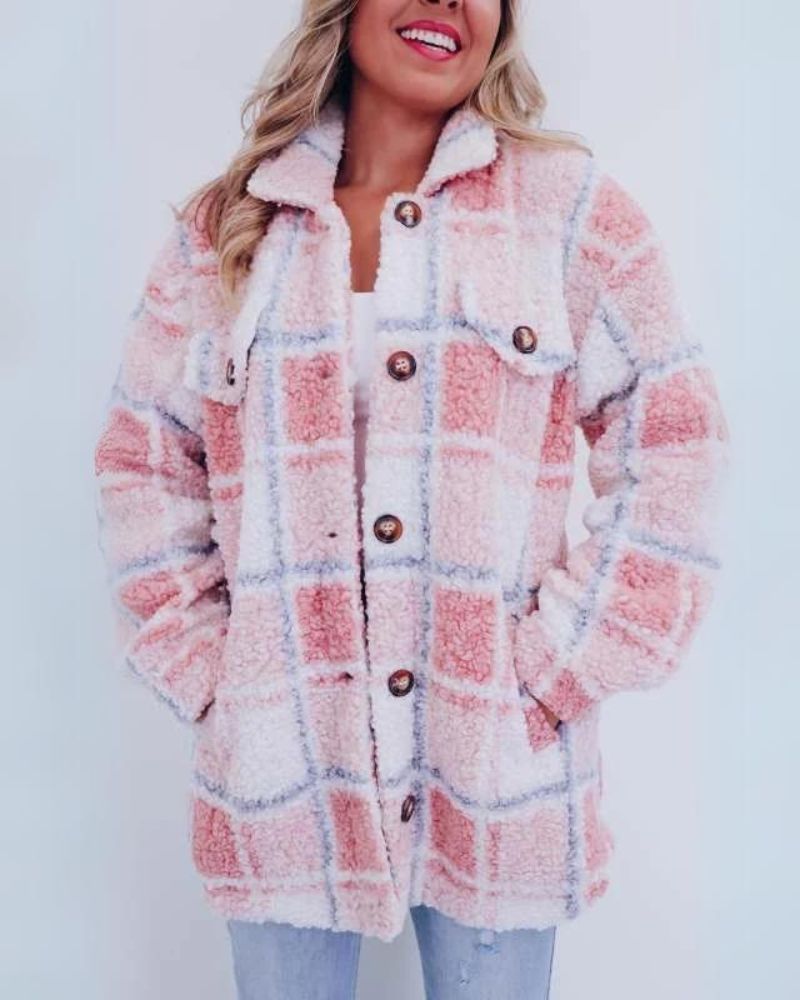 Street Wave Polar Fleece Plaid Jacket For Women Cozy Warmth Soft Texture Chic Everyday Outerwear