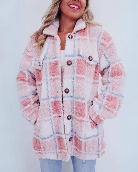 Street-wave Cozy Plaid Jacket For Women With Button Front, Relaxed Fit, Pockets, Timeless Style