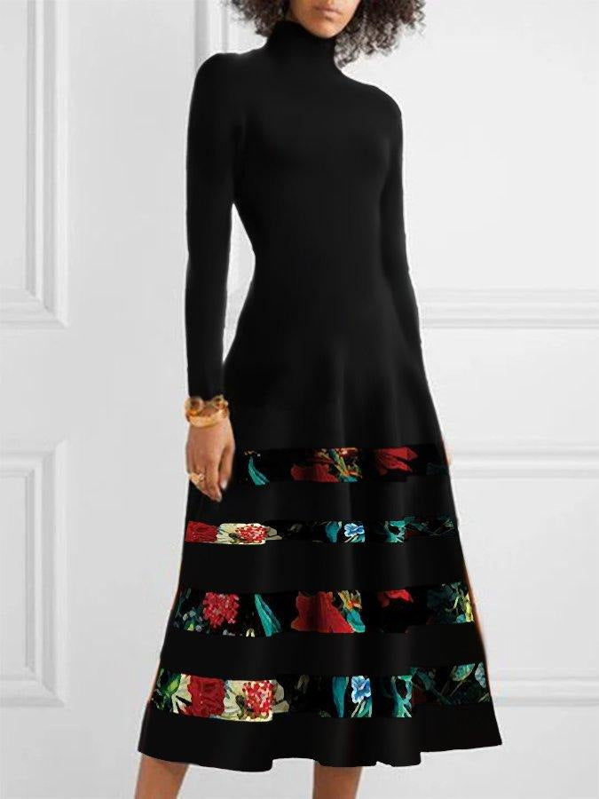Street-Wave Womens Knit Dress With High Neck And Floral Hem For Elegant Everyday