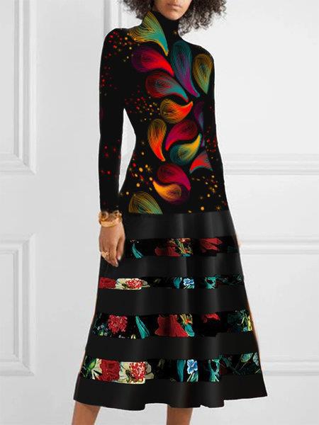 Street-Wave Womens Knit Dress With High Neck And Floral Hem For Elegant Everyday