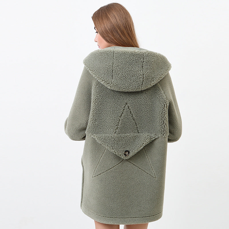 Street Wave Fluffy Hooded Jacket With Star Motif For Women Cozy Warm Winter Outerwear