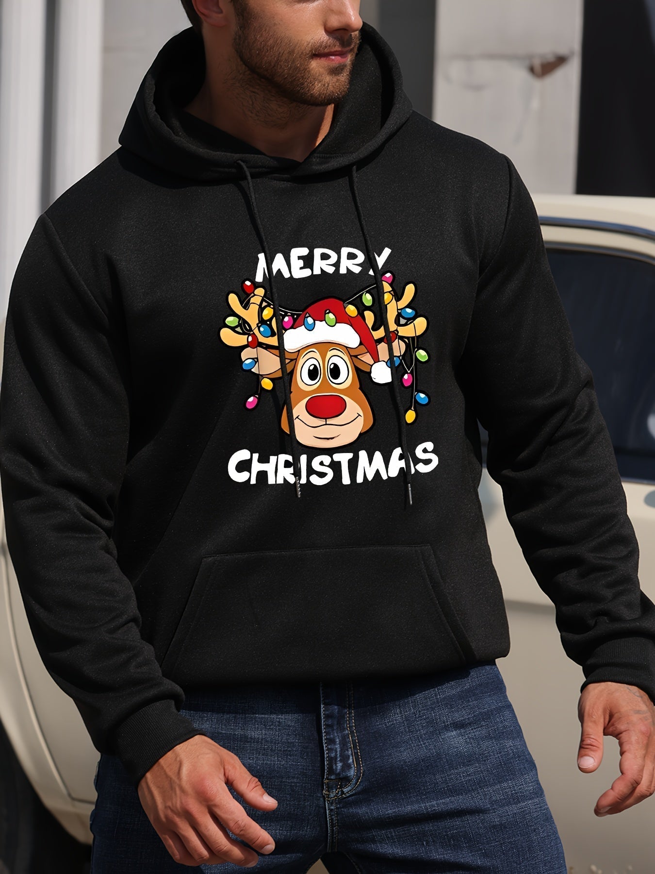 Street-Wave Christmas Hoodie With Reindeer Print Polyester Cozy Festive Design For Holiday Shoppers