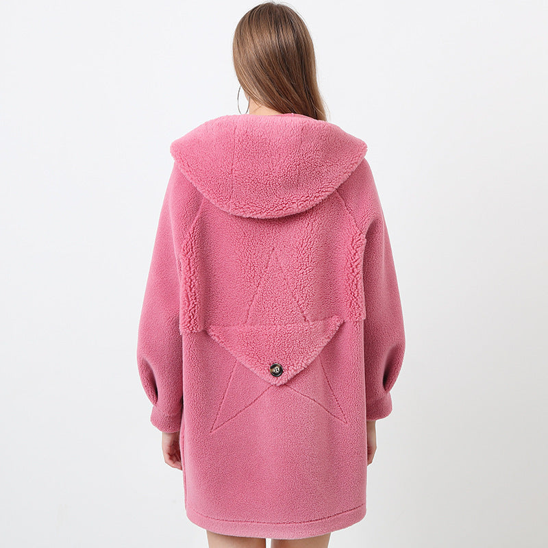 Street Wave Fluffy Hooded Jacket With Star Motif For Women Cozy Warm Winter Outerwear