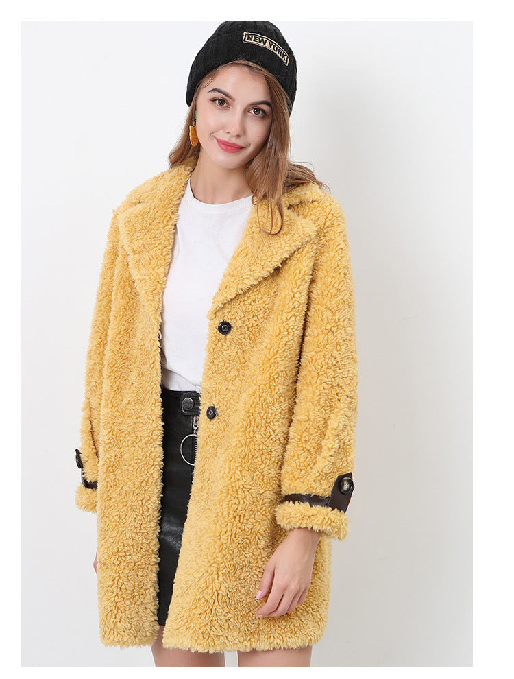 Womens Plush Short Coat Street-Wave Fluffy Warm Coat With Chic Collar And Button Closure