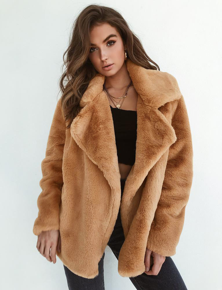 Street-wave Women's Fleece Coat With Wide Lapel Collar Soft Plush Warmth For Chic Winter Outerwear