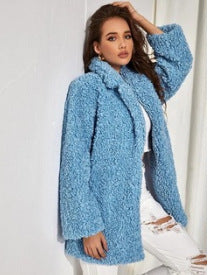 Street-wave Fluffy Oversized Coat With Wide Collar For Women Blue Plush Soft Warmth Cozy