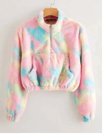 Street Wave Fluffy Short Jacket For Women With High Collar And Front Pockets Pastel Tie Dye Plush