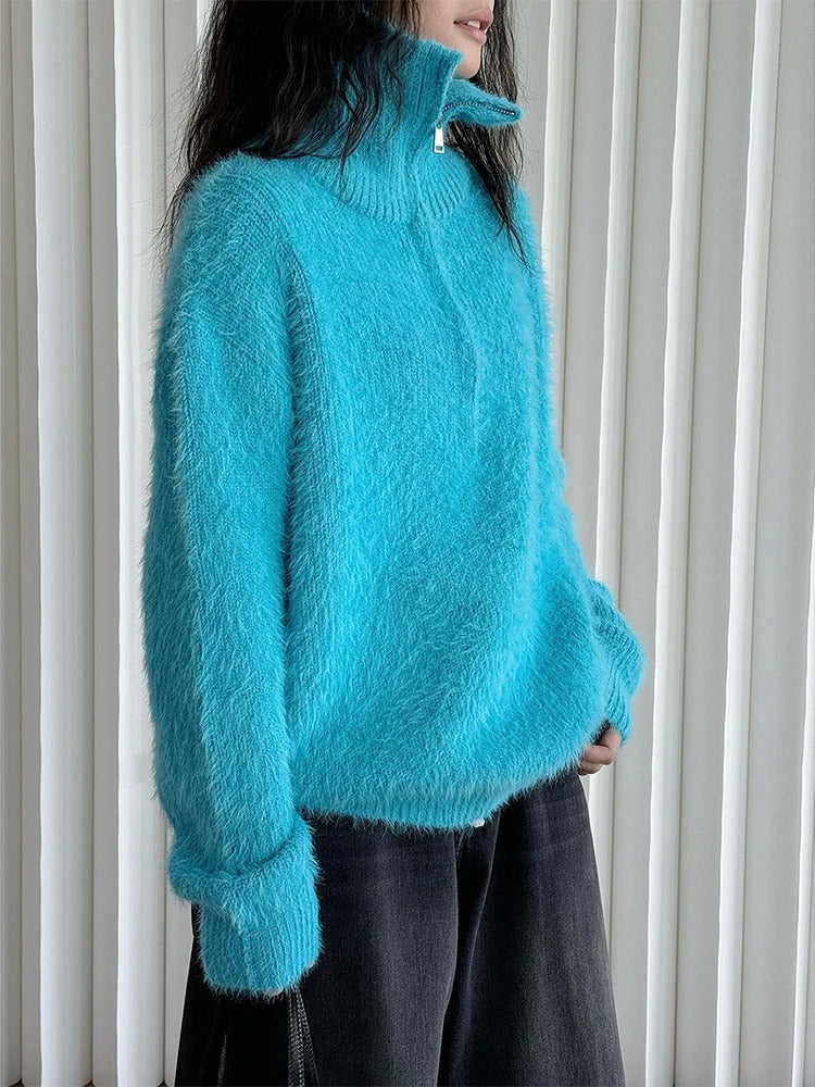 Street Wave Plush Zip Up Pullover For Women Cozy Warm Fleece Knit Sweater With Soft Plush Texture