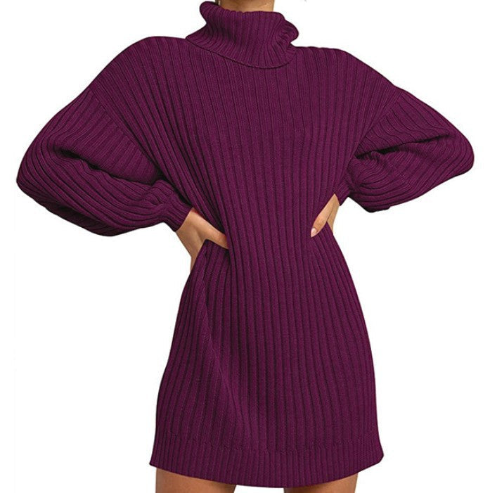 Street-Wave Women Knit Dress With High Neck And Wide Sleeves Cozy Wool Winter Wear