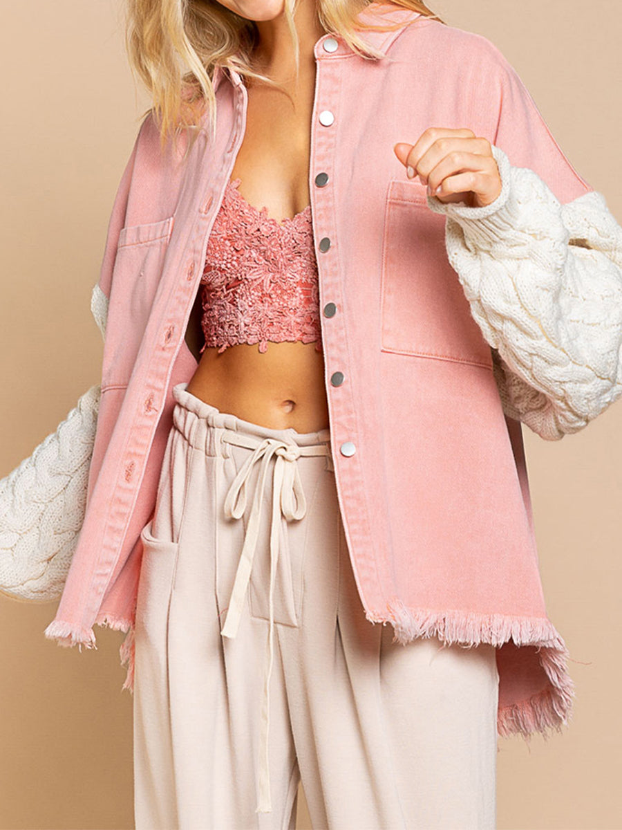 Street-Wave Cable Knit Sleeve Denim Jacket With Raw Hem For Women Trendy Casual Outerwear