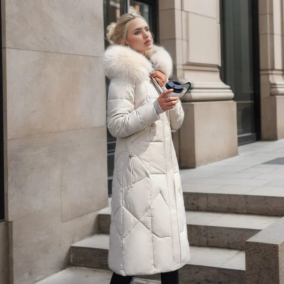 Streetwave Womens Long Puffer Coat With Faux Fur Hood Beige Color For Ultra Warmth And Cozy Comfort