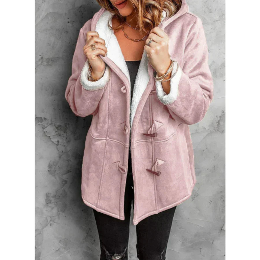 Street-Wave Hooded Faux Suede Coat With Fleece Lining For Women Relaxed Mid Length