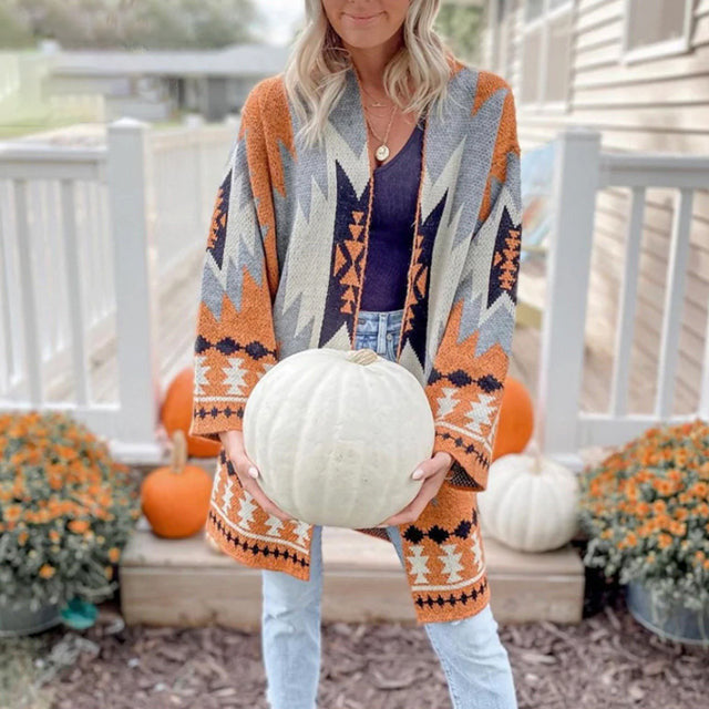 Street-wave Geometric Print Cardigan For Women Cozy Cotton Polyester Knitwear All Season Wear