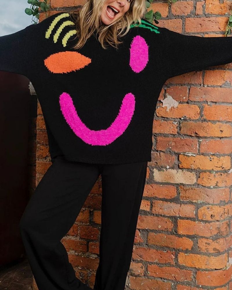 Street-Wave Soul Positive Sweater Cozy Cheerful Navy Knit For Women Bold Smile Pattern