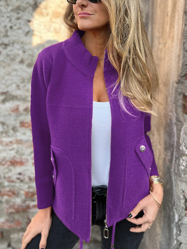 Street Wave Fleece Jacket With Structured Stand Collar For Urban Fashion Lovers Everywhere